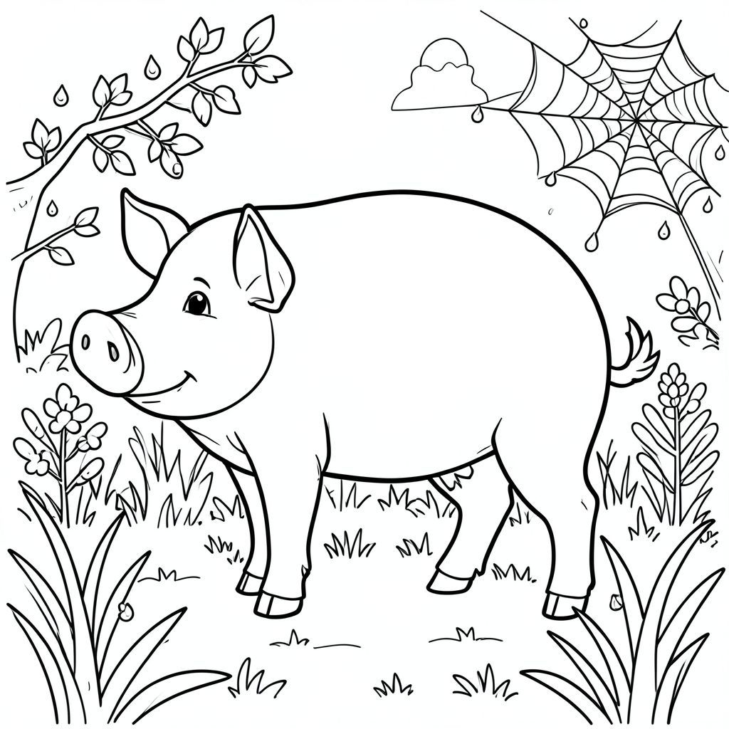 solo, chủ đề đơn, một đầu, hai mắt, hai tai, bốn chân, một đuôi, tỷ lệ tự nhiên, quy mô thích hợp trong môi trường, đúng giải phẫu, Con lợn, mùa xuân, buổi sáng, giọt sương, mạng nhện, cỏ, đơn giản, sạch sẽ, lý lịch, tán lá, ánh sáng mặt trời, trang màu, nghệ thuật đường, nền trắng, solo, chủ đề đơn, đúng về mặt giải phẫu, giải phẫu hoàn hảo