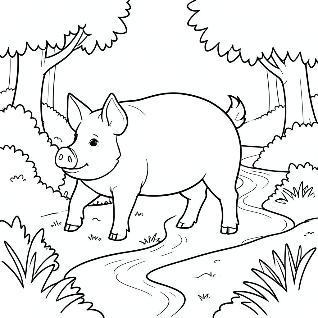 solo, chủ đề đơn, một đầu, hai mắt, hai tai, bốn chân, một đuôi, tỷ lệ tự nhiên, quy mô thích hợp trong môi trường, đúng giải phẫu, Con lợn, rừng cây, suối, quanh co, bụi cây, đơn giản, dọn dẹp, lý lịch, phong cảnh, yên bình, yên tĩnh, trang màu, nghệ thuật đường nét, nền trắng, solo, chủ đề đơn, đúng về mặt giải phẫu, giải phẫu hoàn hảo