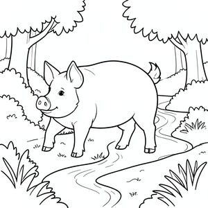 solo, chủ đề đơn, một đầu, hai mắt, hai tai, bốn chân, một đuôi, tỷ lệ tự nhiên, quy mô thích hợp trong môi trường, đúng giải phẫu, Con lợn, rừng cây, suối, quanh co, bụi cây, đơn giản, dọn dẹp, lý lịch, phong cảnh, yên bình, yên tĩnh, trang màu, nghệ thuật đường nét, nền trắng, solo, chủ đề đơn, đúng về mặt giải phẫu, giải phẫu hoàn hảo