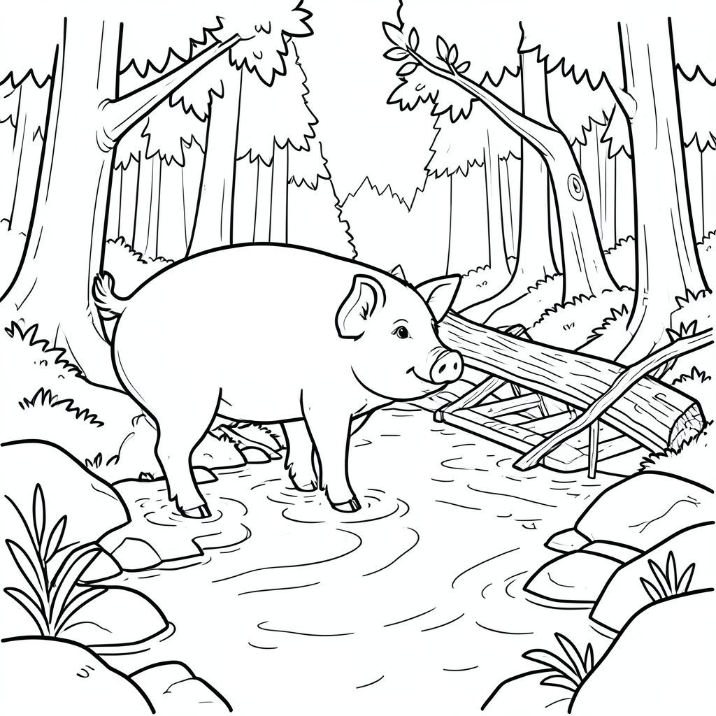 solo, chủ đề đơn, một đầu, hai mắt, hai tai, bốn chân, một đuôi, tỷ lệ tự nhiên, quy mô thích hợp trong môi trường, đúng giải phẫu, Con lợn, Suối, Nước, cầu, cây đổ, rừng, đá, ánh sáng mặt trời, rõ ràng, mịn, ướt, trang màu, nghệ thuật đường, nền trắng, solo, chủ đề đơn, đúng về mặt giải phẫu, giải phẫu hoàn hảo