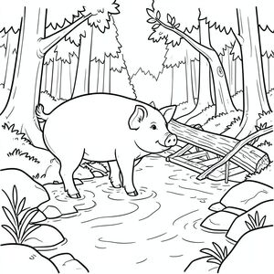 solo, chủ đề đơn, một đầu, hai mắt, hai tai, bốn chân, một đuôi, tỷ lệ tự nhiên, quy mô thích hợp trong môi trường, đúng giải phẫu, Con lợn, Suối, Nước, cầu, cây đổ, rừng, đá, ánh sáng mặt trời, rõ ràng, mịn, ướt, trang màu, nghệ thuật đường, nền trắng, solo, chủ đề đơn, đúng về mặt giải phẫu, giải phẫu hoàn hảo