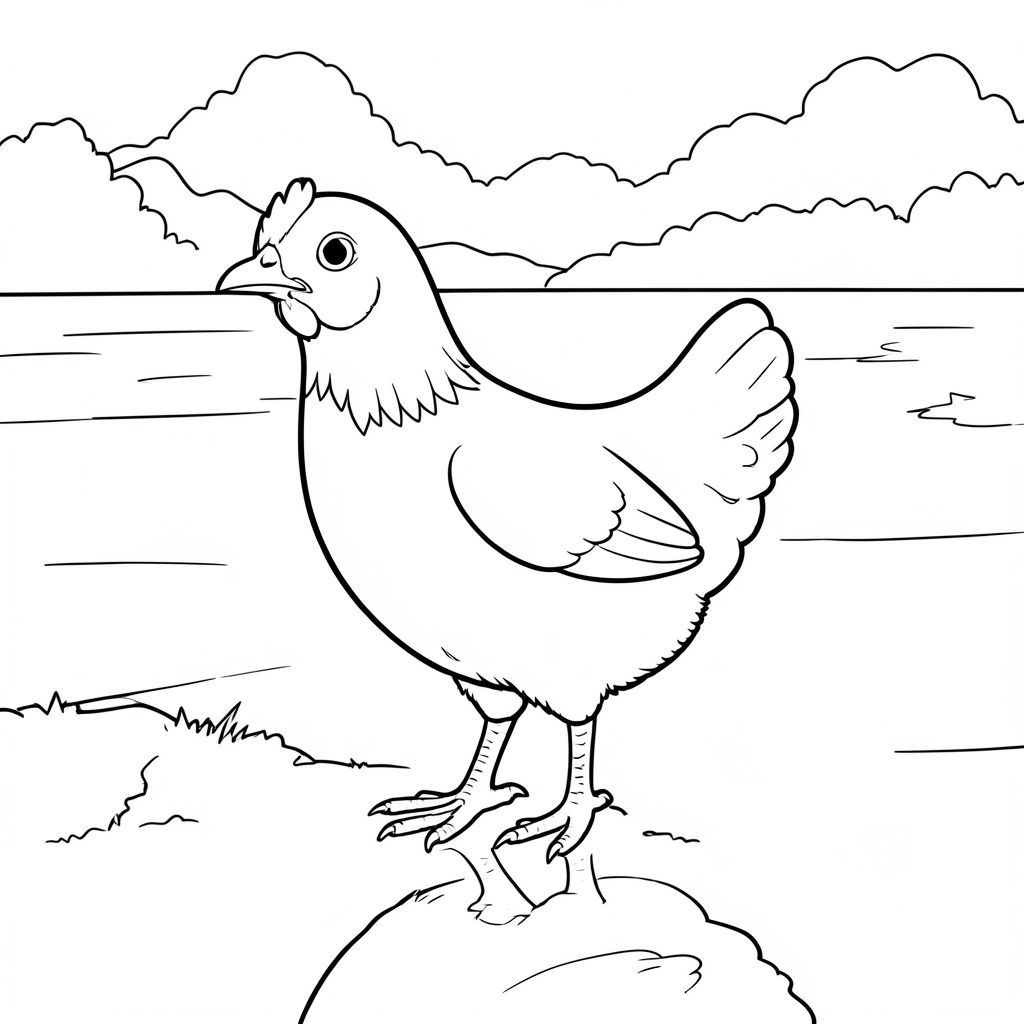 solo, một con chim, một đầu, hai mắt, một mỏ, hai cánh, hai chân, một đuôi, tỷ lệ tự nhiên, quy mô thích hợp trong môi trường, đúng giải phẫu, gà, hồ, bờ biển, gương, vẫn còn, điềm tĩnh, nước, phản chiếu, mịn, rõ ràng, điềm tĩnh, trang màu, nghệ thuật đường, nền trắng, solo, chủ đề đơn, đúng giải phẫu, giải phẫu hoàn hảo