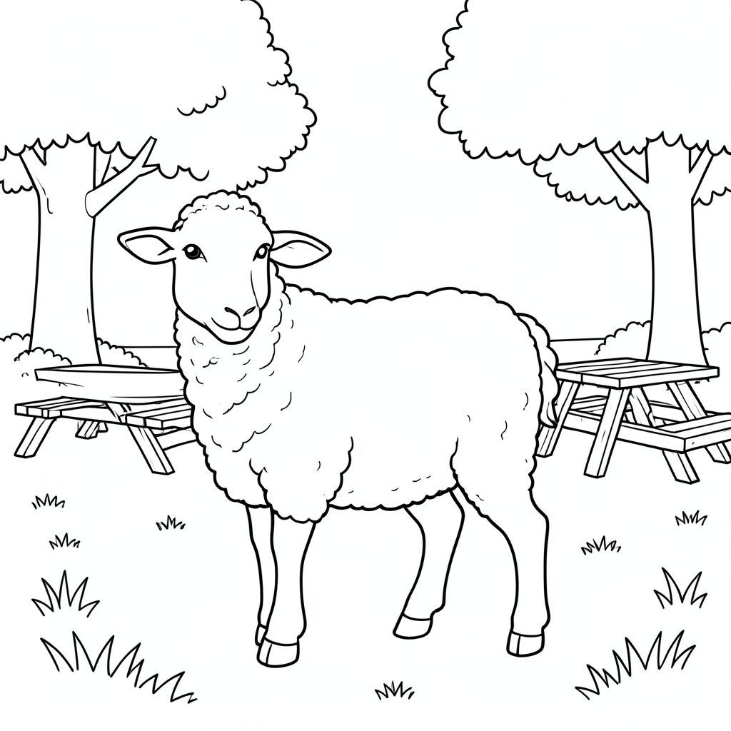 solo, chủ đề đơn, một đầu, hai mắt, hai tai, bốn chân, một đuôi, tỷ lệ tự nhiên, quy mô thích hợp trong môi trường, đúng giải phẫu, Cừu, công viên, cỏ, cây, bóng râm, khu dã ngoại, bàn gỗ, nền đơn giản, dọn dẹp, nghệ thuật tuyến tính, tô màu, nghệ thuật đường, nền trắng, solo, chủ đề đơn, đúng giải phẫu, giải phẫu hoàn hảo