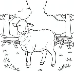 solo, chủ đề đơn, một đầu, hai mắt, hai tai, bốn chân, một đuôi, tỷ lệ tự nhiên, quy mô thích hợp trong môi trường, đúng giải phẫu, Cừu, công viên, cỏ, cây, bóng râm, khu dã ngoại, bàn gỗ, nền đơn giản, dọn dẹp, nghệ thuật tuyến tính, tô màu, nghệ thuật đường, nền trắng, solo, chủ đề đơn, đúng giải phẫu, giải phẫu hoàn hảo