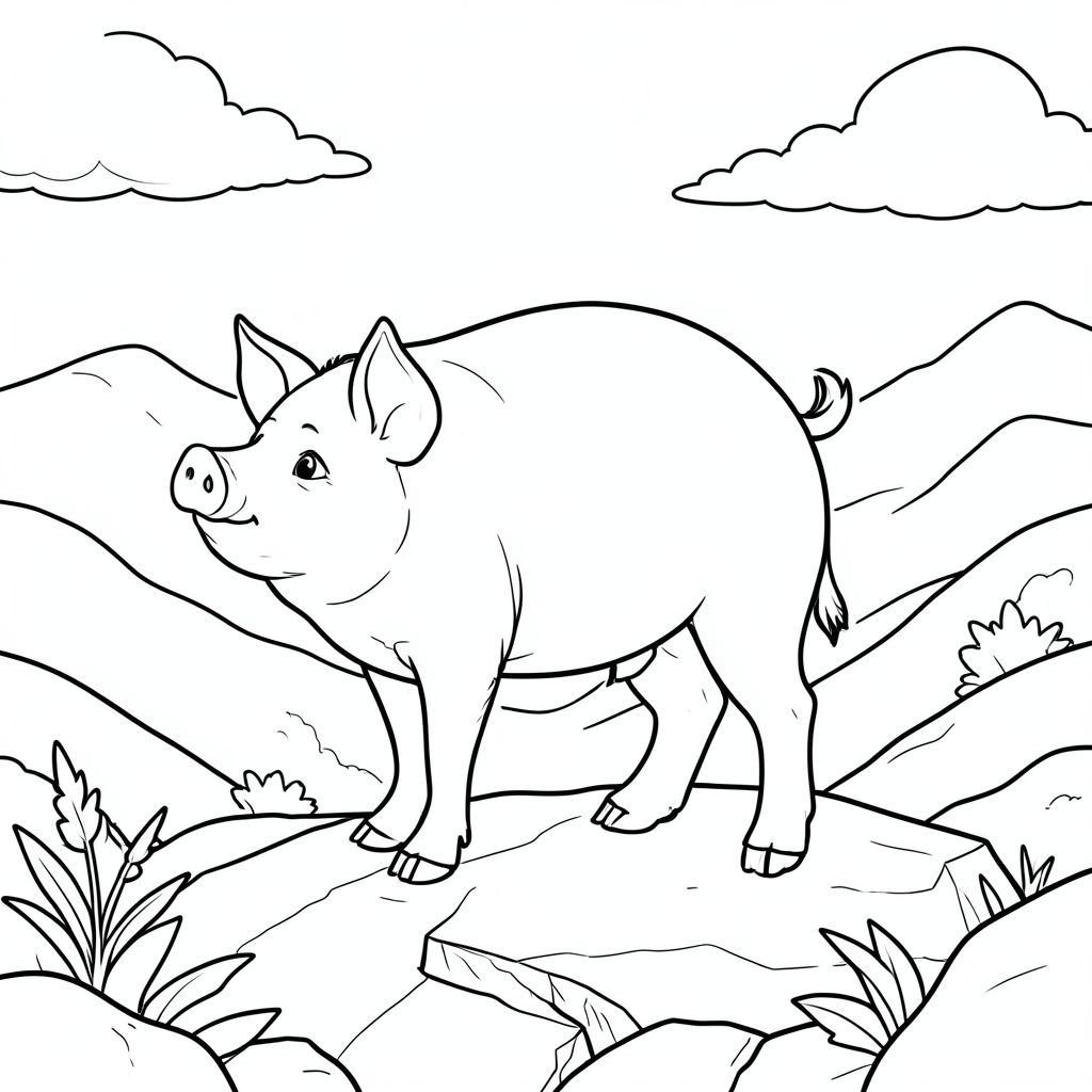 solo, chủ đề đơn, một đầu, hai mắt, hai tai, bốn chân, một đuôi, tỷ lệ tự nhiên, quy mô thích hợp trong môi trường, đúng giải phẫu, Con lợn, Mỏm đá, đỉnh đồi, thung lũng, sương mù, đơn giản, sạch sẽ, lý lịch, phong cảnh, đường chân trời, đám mây, trang màu, nghệ thuật đường, nền trắng, solo, chủ đề đơn, đúng về mặt giải phẫu, giải phẫu hoàn hảo