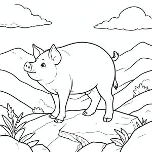 solo, chủ đề đơn, một đầu, hai mắt, hai tai, bốn chân, một đuôi, tỷ lệ tự nhiên, quy mô thích hợp trong môi trường, đúng giải phẫu, Con lợn, Mỏm đá, đỉnh đồi, thung lũng, sương mù, đơn giản, sạch sẽ, lý lịch, phong cảnh, đường chân trời, đám mây, trang màu, nghệ thuật đường, nền trắng, solo, chủ đề đơn, đúng về mặt giải phẫu, giải phẫu hoàn hảo