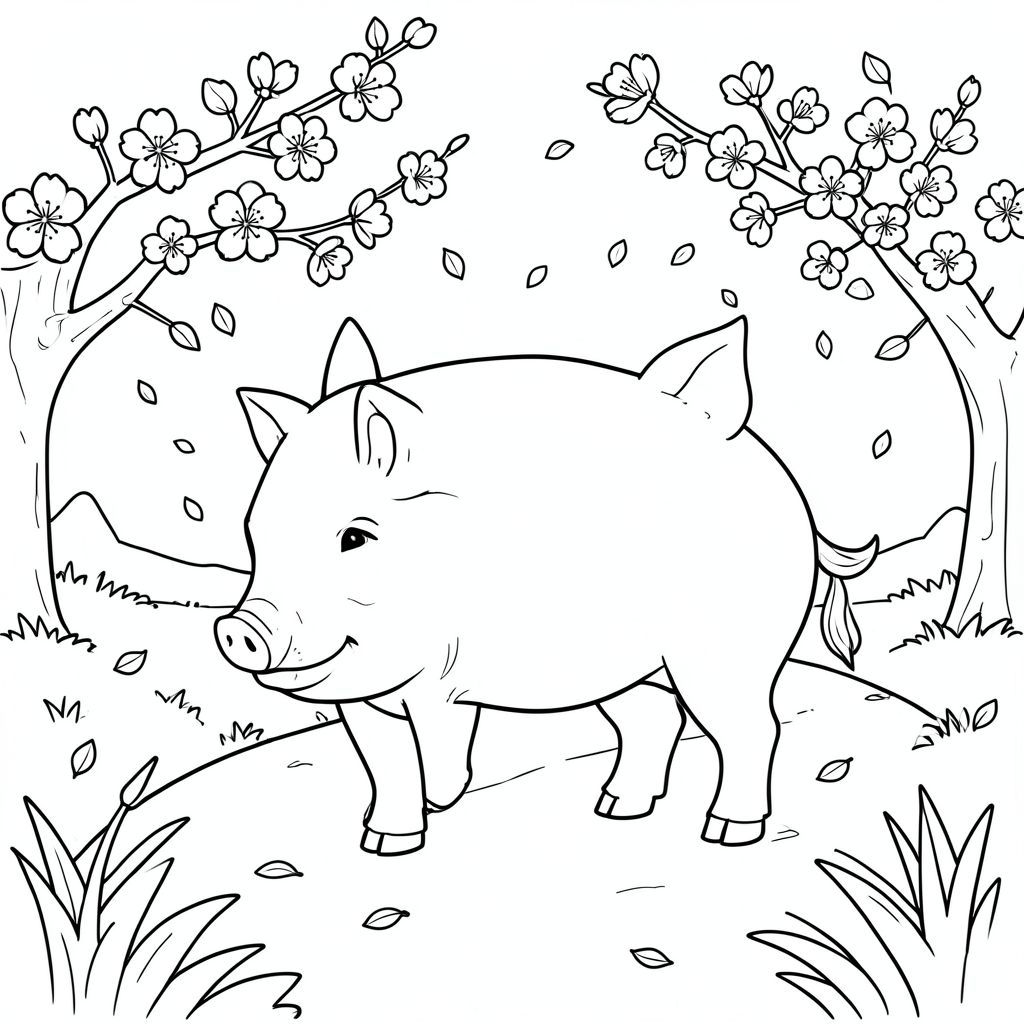 solo, chủ đề đơn, một đầu, hai mắt, hai tai, bốn chân, một đuôi, tỷ lệ tự nhiên, quy mô thích hợp trong môi trường, đúng giải phẫu, con lợn, hoa anh đào, con đường, công viên, lá, mềm, rơi, nhẹ nhàng, sạch sẽ, đơn giản, lý lịch, tô màu, nghệ thuật đường, nền trắng, solo, chủ đề đơn, chính xác về mặt giải phẫu, giải phẫu hoàn hảo