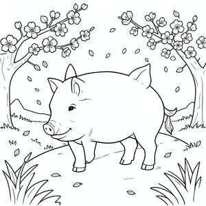 solo, chủ đề đơn, một đầu, hai mắt, hai tai, bốn chân, một đuôi, tỷ lệ tự nhiên, quy mô thích hợp trong môi trường, đúng giải phẫu, con lợn, hoa anh đào, con đường, công viên, lá, mềm, rơi, nhẹ nhàng, sạch sẽ, đơn giản, lý lịch, tô màu, nghệ thuật đường, nền trắng, solo, chủ đề đơn, chính xác về mặt giải phẫu, giải phẫu hoàn hảo