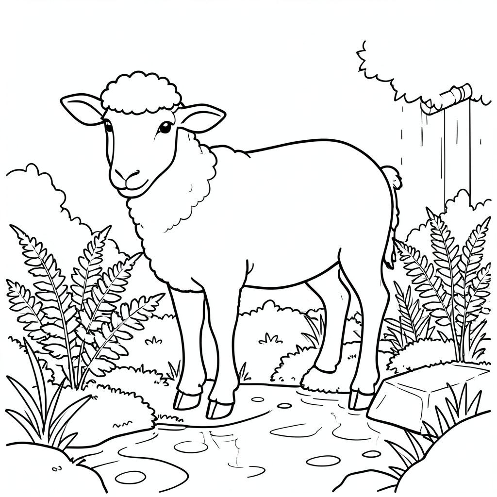 solo, chủ đề đơn, một đầu, hai mắt, hai tai, bốn chân, một đuôi, tỷ lệ tự nhiên, quy mô thích hợp trong môi trường, đúng về mặt giải phẫu, Cừu, Vườn mưa, dương xỉ, Rêu, Nước, Ống xả, đá, đơn giản, sạch sẽ, lý lịch, Tán lá, Trang màu, Nghệ thuật đường, nền trắng, Solo, chủ đề đơn, Đúng về mặt giải phẫu, Giải phẫu hoàn hảo