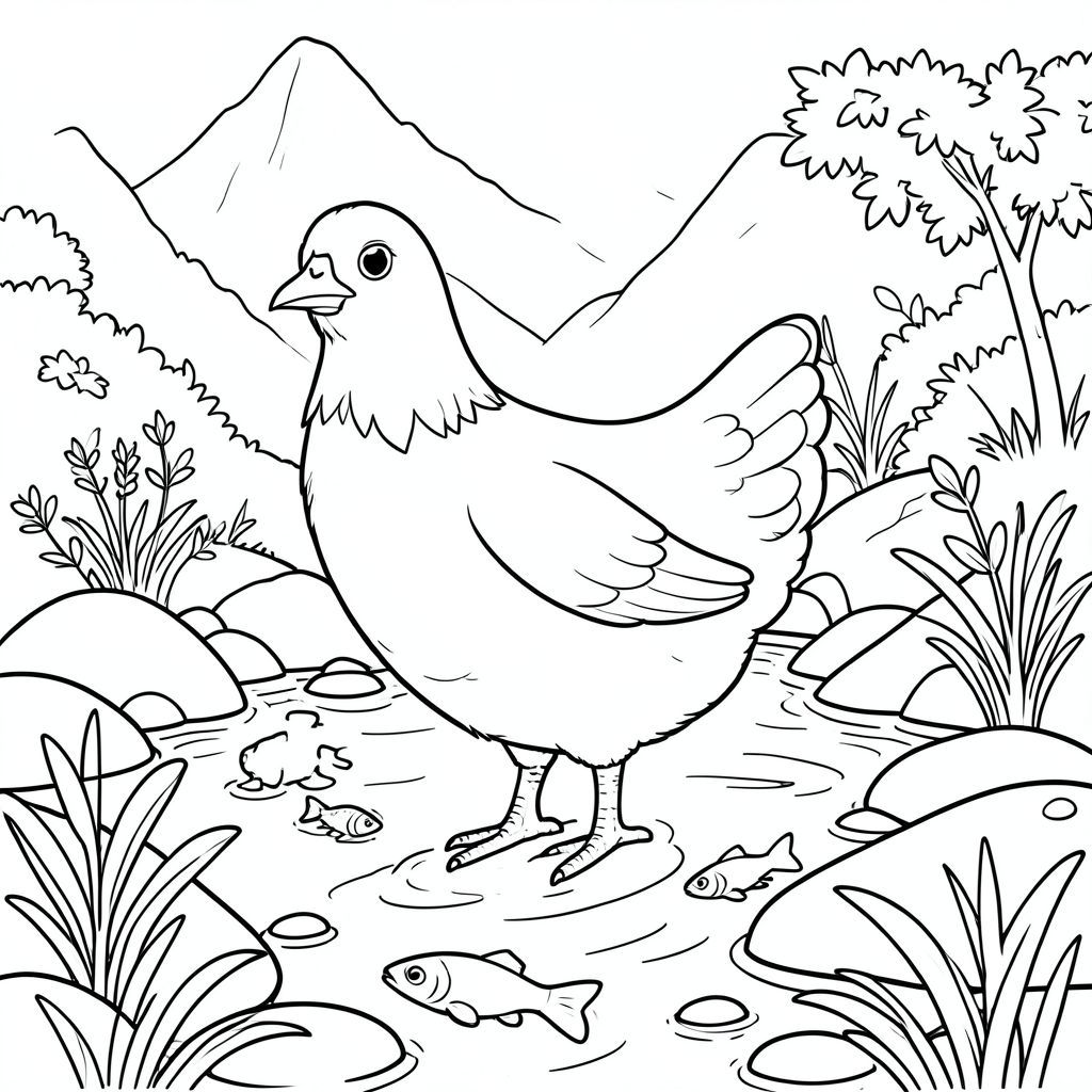 solo, một con chim, một đầu, hai mắt, một mỏ, hai cánh, hai chân, một đuôi, tỷ lệ tự nhiên, quy mô thích hợp trong môi trường, đúng giải phẫu, gà, suối núi, cải xoong, cá nhỏ, nước trong, đá, ánh sáng mặt trời, đá mịn, tán lá, nước chảy, yên tĩnh, trang màu, nghệ thuật đường, nền trắng, solo, chủ đề đơn, đúng về mặt giải phẫu, giải phẫu hoàn hảo