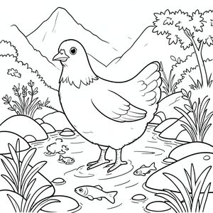 solo, một con chim, một đầu, hai mắt, một mỏ, hai cánh, hai chân, một đuôi, tỷ lệ tự nhiên, quy mô thích hợp trong môi trường, đúng giải phẫu, gà, suối núi, cải xoong, cá nhỏ, nước trong, đá, ánh sáng mặt trời, đá mịn, tán lá, nước chảy, yên tĩnh, trang màu, nghệ thuật đường, nền trắng, solo, chủ đề đơn, đúng về mặt giải phẫu, giải phẫu hoàn hảo