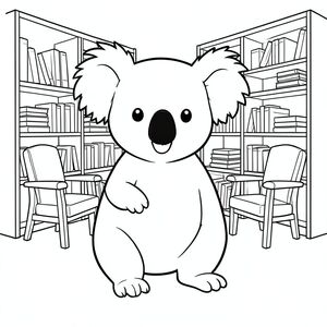 solo, chủ đề đơn, một đầu, hai mắt, hai tai, bốn chân, một đuôi, tỷ lệ tự nhiên, quy mô thích hợp trong môi trường, đúng giải phẫu, Koala, giá sách, kệ, ngăn xếp, tràn, ghế đọc, mềm, mờ, yên tĩnh, ấm cúng, đơn giản, trang màu, nghệ thuật đường, nền trắng, solo, chủ đề đơn, đúng về mặt giải phẫu, giải phẫu hoàn hảo