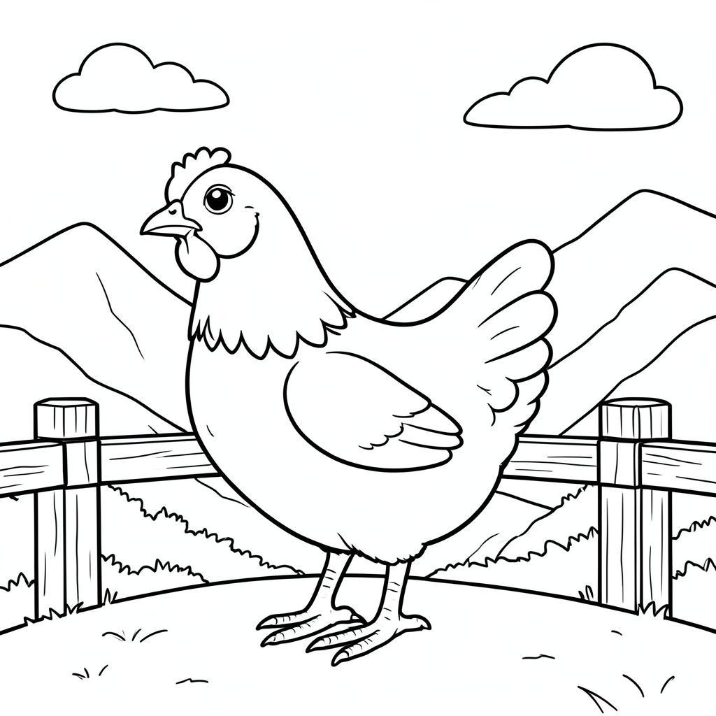 Độc lập, một con chim, một đầu, hai mắt, một mỏ, hai cánh, hai chân, một đuôi, tỷ lệ tự nhiên, quy mô thích hợp trong môi trường, đúng giải phẫu, gà, Chế độ xem núi, quan sát, Lan can gỗ, Bầu trời quang đãng, Ánh sáng mặt trời, nền đơn giản, dọn dẹp, phong cảnh, Toàn cảnh, góc rộng, trang tô màu, nghệ thuật đường, nền trắng, solo, chủ đề đơn, đúng giải phẫu, giải phẫu hoàn hảo