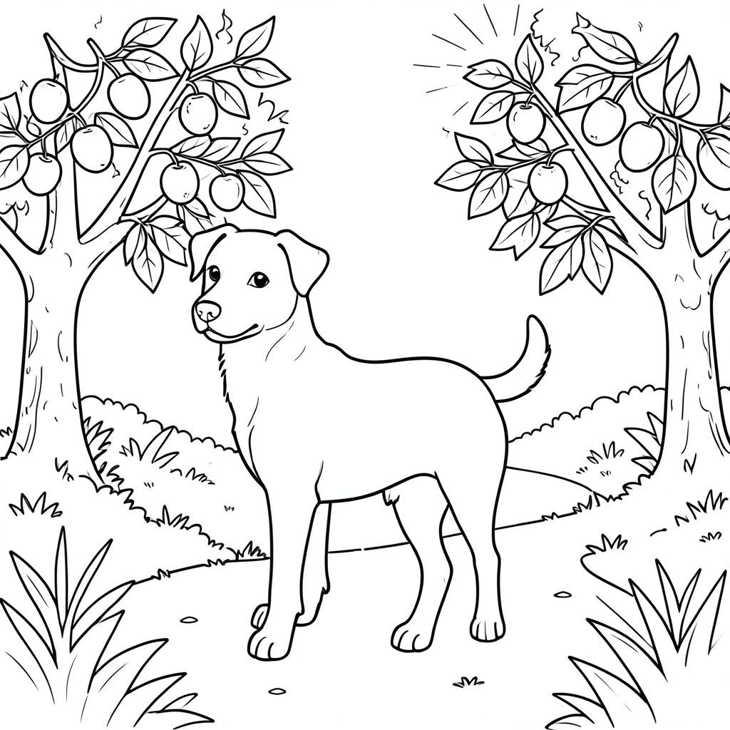 solo, chủ đề đơn, một đầu, hai mắt, hai tai, bốn chân, một đuôi, tỷ lệ tự nhiên, quy mô thích hợp trong môi trường, đúng giải phẫu,, vườn cây ăn quả, con đường, cây, trái cây, lá cây, ánh sáng mặt trời, đơn giản, sạch sẽ, lý lịch, tuyến tính, trang màu, nghệ thuật đường, nền trắng, solo, chủ đề đơn, đúng về mặt giải phẫu, giải phẫu hoàn hảo