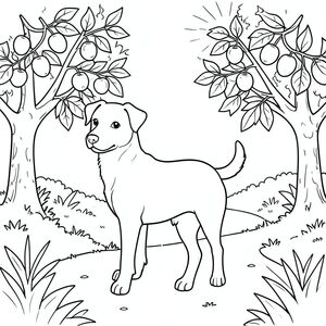 solo, chủ đề đơn, một đầu, hai mắt, hai tai, bốn chân, một đuôi, tỷ lệ tự nhiên, quy mô thích hợp trong môi trường, đúng giải phẫu,, vườn cây ăn quả, con đường, cây, trái cây, lá cây, ánh sáng mặt trời, đơn giản, sạch sẽ, lý lịch, tuyến tính, trang màu, nghệ thuật đường, nền trắng, solo, chủ đề đơn, đúng về mặt giải phẫu, giải phẫu hoàn hảo