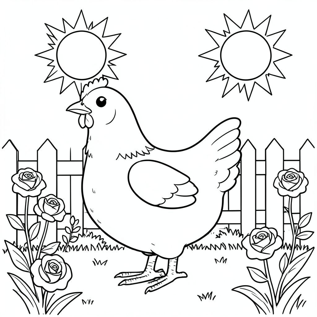 solo, một con chim, một đầu, hai mắt, một mỏ, hai cánh, hai chân, một đuôi, tỷ lệ tự nhiên, quy mô thích hợp trong môi trường, đúng giải phẫu, gà, mặt trời, vườn, hoa hồng, leo núi, hàng rào trắng, đơn giản, dọn dẹp, lý lịch, cỏ, hòa bình, trang tô màu, nghệ thuật đường, nền trắng, solo, chủ đề đơn, chính xác về mặt giải phẫu, giải phẫu hoàn hảo