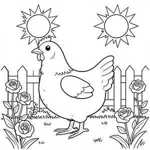 solo, một con chim, một đầu, hai mắt, một mỏ, hai cánh, hai chân, một đuôi, tỷ lệ tự nhiên, quy mô thích hợp trong môi trường, đúng giải phẫu, gà, mặt trời, vườn, hoa hồng, leo núi, hàng rào trắng, đơn giản, dọn dẹp, lý lịch, cỏ, hòa bình, trang tô màu, nghệ thuật đường, nền trắng, solo, chủ đề đơn, chính xác về mặt giải phẫu, giải phẫu hoàn hảo