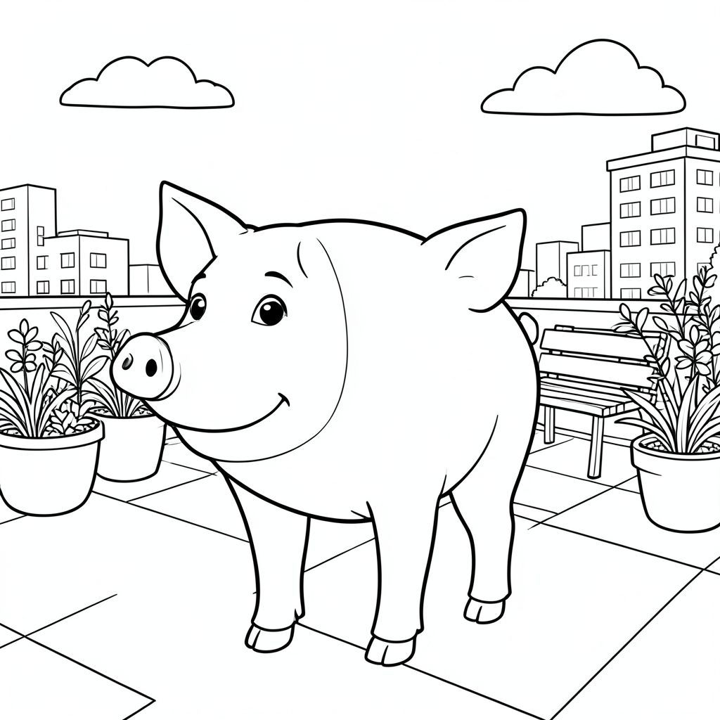 solo, chủ đề đơn, một đầu, hai mắt, hai tai, bốn chân, một đuôi, tỷ lệ tự nhiên, quy mô thích hợp trong môi trường, đúng giải phẫu, Con lợn, Sân thượng, sân thượng, thực vật, băng ghế, ánh sáng mặt trời, bầu trời quang đãng, đơn giản, sạch sẽ, Đô thị, lý lịch, trang màu, nghệ thuật đường, nền trắng, solo, chủ đề đơn, đúng giải phẫu, giải phẫu hoàn hảo