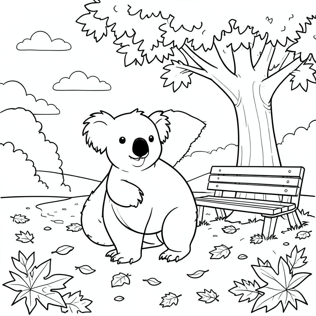 solo, chủ đề đơn, một đầu, hai mắt, hai tai, bốn chân, một đuôi, tỷ lệ tự nhiên, quy mô thích hợp trong môi trường, đúng giải phẫu, Koala, Cây sồi, công viên, băng ghế, mùa thu, lá, rơi, ngã, mặt đất, con đường, ánh sáng mặt trời, bầu trời quang đãng, trang màu, nghệ thuật đường, nền trắng, solo, chủ đề đơn, đúng về mặt giải phẫu, giải phẫu hoàn hảo