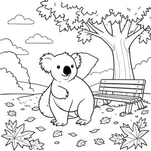 solo, chủ đề đơn, một đầu, hai mắt, hai tai, bốn chân, một đuôi, tỷ lệ tự nhiên, quy mô thích hợp trong môi trường, đúng giải phẫu, Koala, Cây sồi, công viên, băng ghế, mùa thu, lá, rơi, ngã, mặt đất, con đường, ánh sáng mặt trời, bầu trời quang đãng, trang màu, nghệ thuật đường, nền trắng, solo, chủ đề đơn, đúng về mặt giải phẫu, giải phẫu hoàn hảo