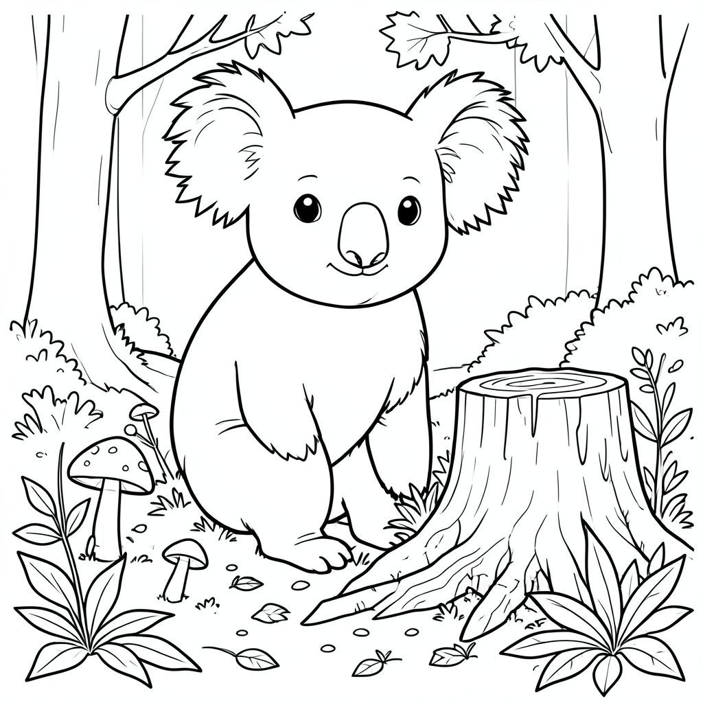 solo, chủ đề đơn, một đầu, hai mắt, hai tai, bốn chân, một đuôi, tỷ lệ tự nhiên, quy mô thích hợp trong môi trường, đúng giải phẫu, Koala, vá nấm, gốc cây mục nát, rừng mùa thu ẩm ướt, lá, ánh sáng mặt trời, nền đơn giản, nghệ thuật tuyến tính, tinh khiết, trang màu, nghệ thuật đường, nền trắng, solo, chủ đề đơn, đúng giải phẫu, giải phẫu hoàn hảo