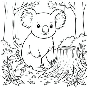 solo, chủ đề đơn, một đầu, hai mắt, hai tai, bốn chân, một đuôi, tỷ lệ tự nhiên, quy mô thích hợp trong môi trường, đúng giải phẫu, Koala, vá nấm, gốc cây mục nát, rừng mùa thu ẩm ướt, lá, ánh sáng mặt trời, nền đơn giản, nghệ thuật tuyến tính, tinh khiết, trang màu, nghệ thuật đường, nền trắng, solo, chủ đề đơn, đúng giải phẫu, giải phẫu hoàn hảo