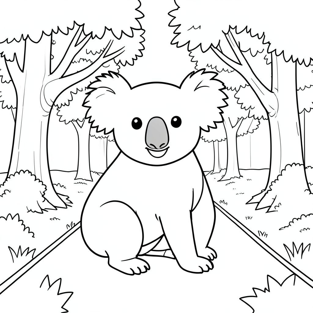 solo, chủ đề đơn, một đầu, hai mắt, hai tai, bốn chân, một đuôi, tỷ lệ tự nhiên, quy mô thích hợp trong môi trường, đúng giải phẫu, Koala, cây, đại lộ, con đường, công viên, lốm đốm, ánh sáng mặt trời, dọn dẹp, đơn giản, lý lịch, tuyến tính, trang màu, nghệ thuật đường, nền trắng, solo, chủ đề đơn, đúng về mặt giải phẫu, giải phẫu hoàn hảo