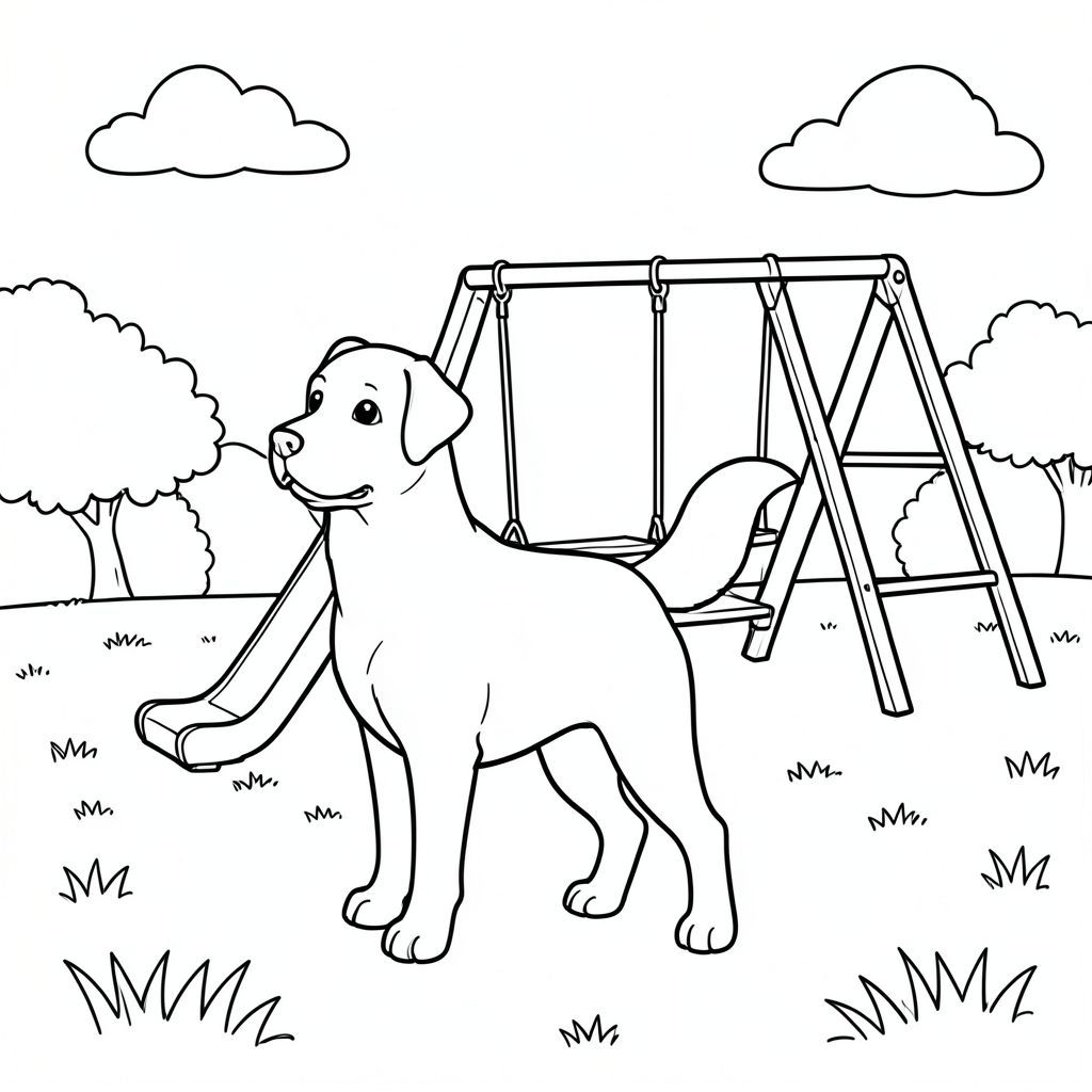 solo, chủ đề đơn, một đầu, hai mắt, hai tai, bốn chân, một đuôi, tỷ lệ tự nhiên, quy mô thích hợp trong môi trường, đúng giải phẫu,, sân chơi, xích đu, cầu trượt, công viên cỏ, nắng, bầu trời quang đãng, cỏ, đơn giản, sạch sẽ, tuyến tính, trang màu, nghệ thuật đường, nền trắng, solo, chủ đề đơn, đúng về mặt giải phẫu, giải phẫu hoàn hảo