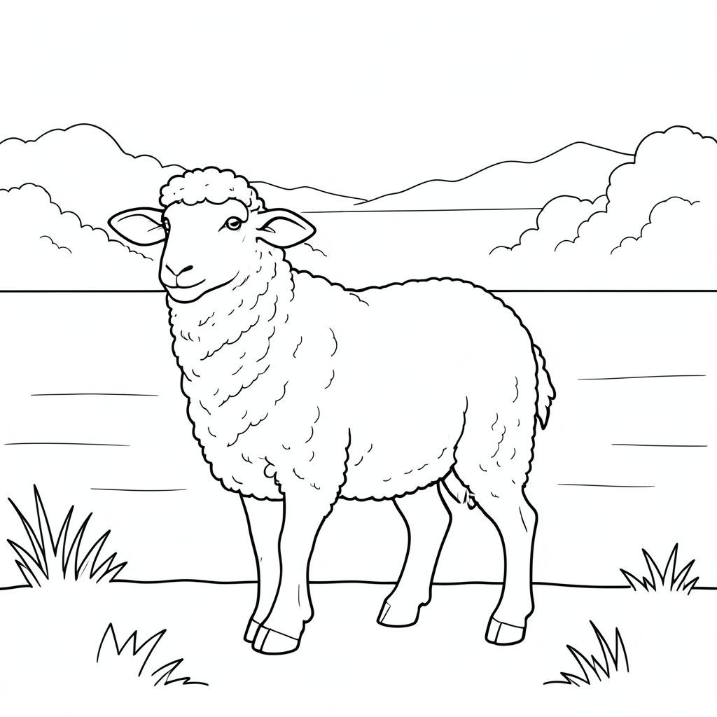 solo, chủ đề đơn, một đầu, hai mắt, hai tai, bốn chân, một đuôi, tỷ lệ tự nhiên, quy mô thích hợp trong môi trường, đúng giải phẫu, Cừu, Hồ, bình tĩnh, bình minh, sương mù, tăng, rõ ràng, mềm, đường chân trời, nước, mịn, trang màu, nghệ thuật đường nét, nền trắng, solo, chủ đề đơn, đúng về mặt giải phẫu, giải phẫu hoàn hảo