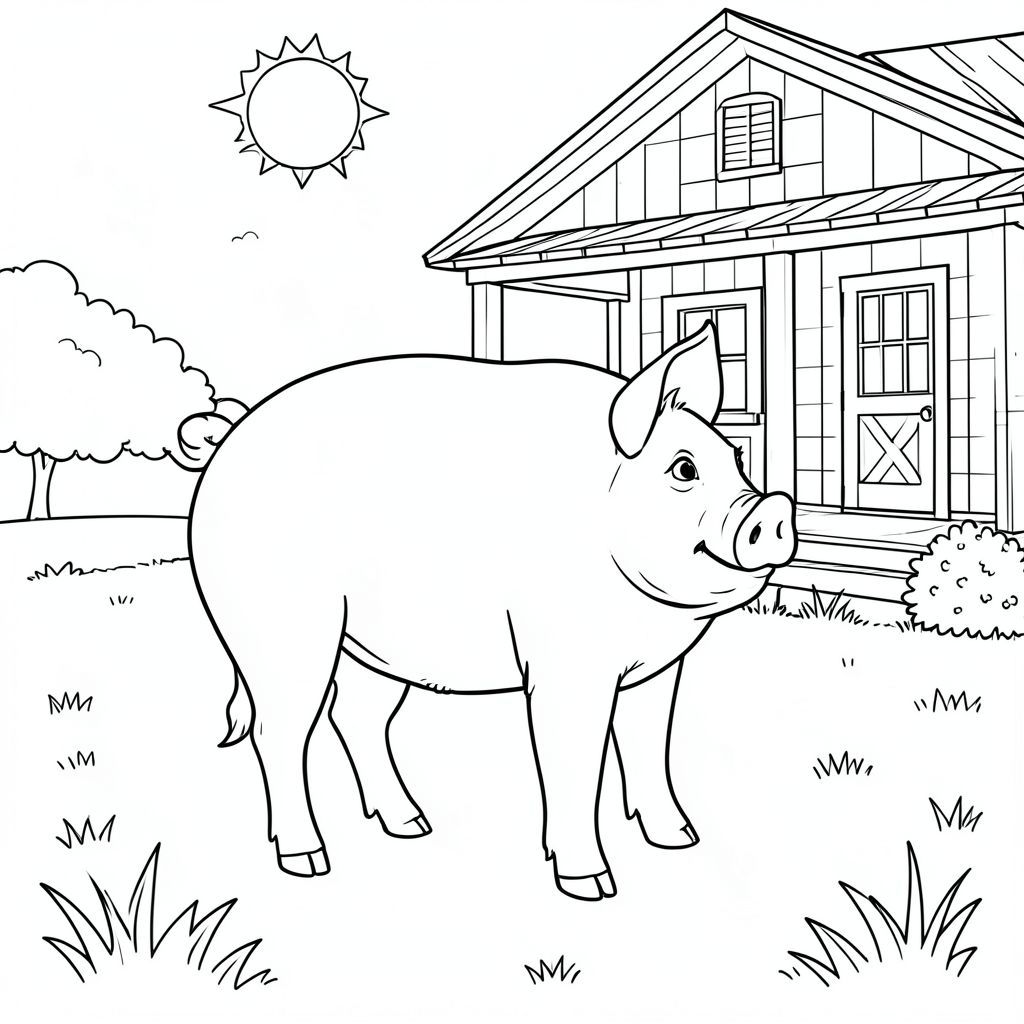 solo, chủ đề đơn, một đầu, hai mắt, hai tai, bốn chân, một đuôi, tỷ lệ tự nhiên, quy mô thích hợp trong môi trường, đúng giải phẫu, Con lợn, Trang trại, hiên nhà, bãi cỏ, nắng, đơn giản, dọn dẹp, lý lịch, nông thôn, nông thôn, phong cảnh, tô màu, nghệ thuật đường, nền trắng, solo, chủ đề đơn, đúng về mặt giải phẫu, giải phẫu hoàn hảo