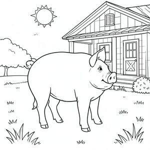 solo, chủ đề đơn, một đầu, hai mắt, hai tai, bốn chân, một đuôi, tỷ lệ tự nhiên, quy mô thích hợp trong môi trường, đúng giải phẫu, Con lợn, Trang trại, hiên nhà, bãi cỏ, nắng, đơn giản, dọn dẹp, lý lịch, nông thôn, nông thôn, phong cảnh, tô màu, nghệ thuật đường, nền trắng, solo, chủ đề đơn, đúng về mặt giải phẫu, giải phẫu hoàn hảo