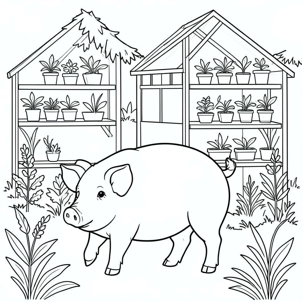solo, chủ đề đơn, một đầu, hai mắt, hai tai, bốn chân, một đuôi, tỷ lệ tự nhiên, quy mô thích hợp trong môi trường, đúng giải phẫu, Con lợn, Nhà kính, kệ, cây con, Bằng gỗ, đơn giản, sạch sẽ, lý lịch, Tán lá, thực vật, nhỏ, trang màu, nghệ thuật đường, nền trắng, solo, chủ đề đơn, đúng về mặt giải phẫu, giải phẫu hoàn hảo