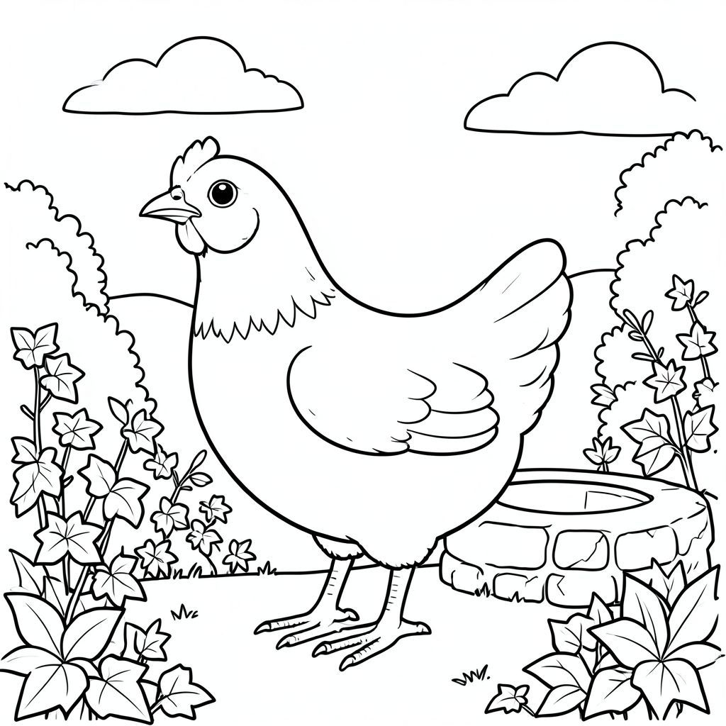 solo, một con chim, một đầu, hai mắt, một mỏ, hai cánh, hai chân, một đuôi, tỷ lệ tự nhiên, quy mô thích hợp trong môi trường, đúng giải phẫu, gà, vườn, đá giếng, thường xuân, tán lá, ánh sáng mặt trời, bầu trời quang đãng, nền đơn giản, nông thôn, yên bình, yên tĩnh, trang tô màu, nghệ thuật đường, nền trắng, solo, chủ đề đơn, đúng giải phẫu, giải phẫu hoàn hảo