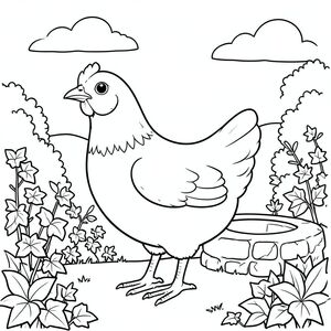 solo, một con chim, một đầu, hai mắt, một mỏ, hai cánh, hai chân, một đuôi, tỷ lệ tự nhiên, quy mô thích hợp trong môi trường, đúng giải phẫu, gà, vườn, đá giếng, thường xuân, tán lá, ánh sáng mặt trời, bầu trời quang đãng, nền đơn giản, nông thôn, yên bình, yên tĩnh, trang tô màu, nghệ thuật đường, nền trắng, solo, chủ đề đơn, đúng giải phẫu, giải phẫu hoàn hảo