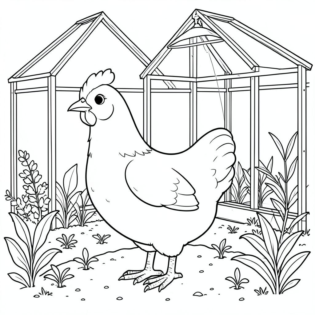 solo, một con chim, một đầu, hai mắt, một mỏ, hai cánh, hai chân, một đuôi, tỷ lệ tự nhiên, quy mô thích hợp trong môi trường, đúng giải phẫu, gà, nhà kính, cây con, phát triển đèn, ánh sáng mặt trời, ly, kim loại, khung, đất, thực vật, tán lá, trang tô màu, nghệ thuật đường, nền trắng, solo, chủ đề đơn, đúng giải phẫu, giải phẫu hoàn hảo