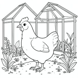 solo, một con chim, một đầu, hai mắt, một mỏ, hai cánh, hai chân, một đuôi, tỷ lệ tự nhiên, quy mô thích hợp trong môi trường, đúng giải phẫu, gà, nhà kính, cây con, phát triển đèn, ánh sáng mặt trời, ly, kim loại, khung, đất, thực vật, tán lá, trang tô màu, nghệ thuật đường, nền trắng, solo, chủ đề đơn, đúng giải phẫu, giải phẫu hoàn hảo