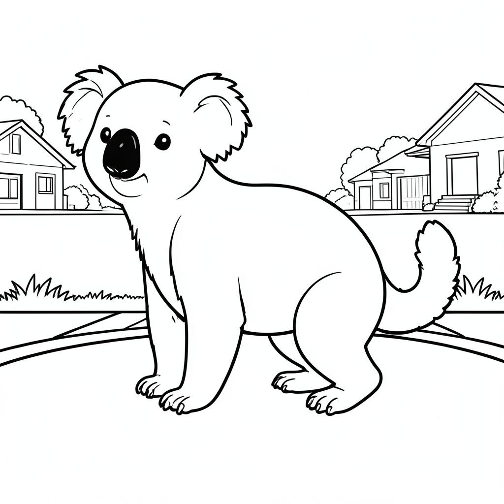 solo, chủ đề đơn, một đầu, hai mắt, hai tai, bốn chân, một đuôi, tỷ lệ tự nhiên, quy mô thích hợp trong môi trường, đúng giải phẫu, Koala, đường, ngoại ô, bên, đơn giản, sạch sẽ, lý lịch, cỏ, thẳng, vỉa hè, nhỏ, trang màu, nghệ thuật đường, nền trắng, solo, chủ đề đơn, đúng về mặt giải phẫu, giải phẫu hoàn hảo