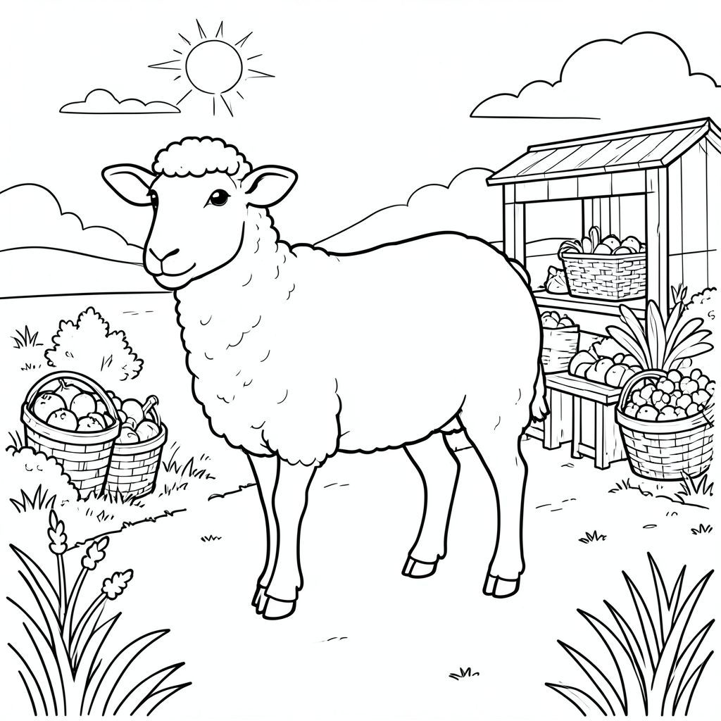 solo, chủ đề đơn, một đầu, hai mắt, hai tai, bốn chân, một đuôi, tỷ lệ tự nhiên, quy mô thích hợp trong môi trường, đúng giải phẫu, Cừu, Sản xuất đứng, đường nông thôn, rau, giỏ, nền đơn giản, dọn dẹp, nông thôn, phong cảnh, ánh sáng mặt trời, cỏ, trang tô màu, nghệ thuật đường, nền trắng, solo, chủ đề đơn, đúng giải phẫu, giải phẫu hoàn hảo