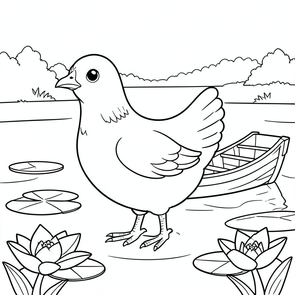 solo, một con chim, một đầu, hai mắt, một mỏ, hai cánh, hai chân, một đuôi, tỷ lệ tự nhiên, quy mô thích hợp trong môi trường, đúng về mặt giải phẫu, gà, ao, miếng đệm hoa loa kèn, thuyền gỗ, yên tĩnh, điềm tĩnh, đơn giản, dọn dẹp, lý lịch, phong cảnh, Nước, trang màu, nghệ thuật đường, nền trắng, solo, chủ đề đơn, chính xác về mặt giải phẫu, giải phẫu hoàn hảo