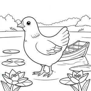 solo, một con chim, một đầu, hai mắt, một mỏ, hai cánh, hai chân, một đuôi, tỷ lệ tự nhiên, quy mô thích hợp trong môi trường, đúng về mặt giải phẫu, gà, ao, miếng đệm hoa loa kèn, thuyền gỗ, yên tĩnh, điềm tĩnh, đơn giản, dọn dẹp, lý lịch, phong cảnh, Nước, trang màu, nghệ thuật đường, nền trắng, solo, chủ đề đơn, chính xác về mặt giải phẫu, giải phẫu hoàn hảo