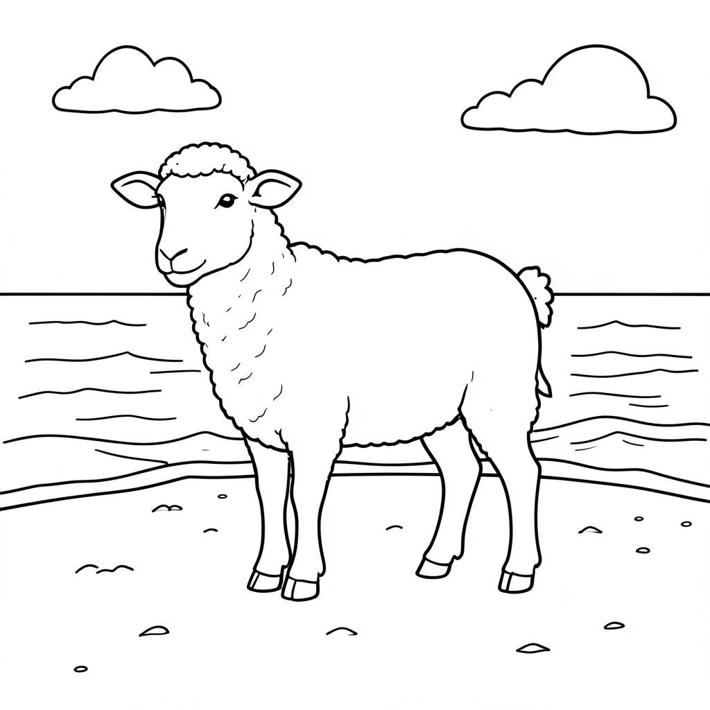 solo, chủ đề đơn, một đầu, hai mắt, hai tai, bốn chân, một đuôi, tỷ lệ tự nhiên, quy mô thích hợp trong môi trường, đúng về mặt giải phẫu, Cừu, Bãi biển cát, cát, Nước, bầu trời quang đãng, ánh sáng mặt trời, sóng, bờ biển, nhỏ, đơn giản, sạch sẽ, trang màu, nghệ thuật đường nét, nền trắng, solo, chủ đề đơn, đúng về mặt giải phẫu, giải phẫu hoàn hảo