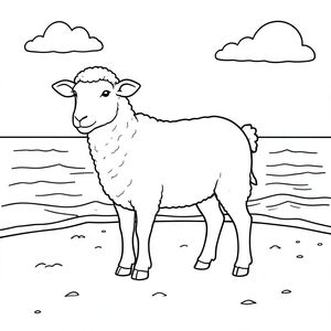 solo, chủ đề đơn, một đầu, hai mắt, hai tai, bốn chân, một đuôi, tỷ lệ tự nhiên, quy mô thích hợp trong môi trường, đúng về mặt giải phẫu, Cừu, Bãi biển cát, cát, Nước, bầu trời quang đãng, ánh sáng mặt trời, sóng, bờ biển, nhỏ, đơn giản, sạch sẽ, trang màu, nghệ thuật đường nét, nền trắng, solo, chủ đề đơn, đúng về mặt giải phẫu, giải phẫu hoàn hảo