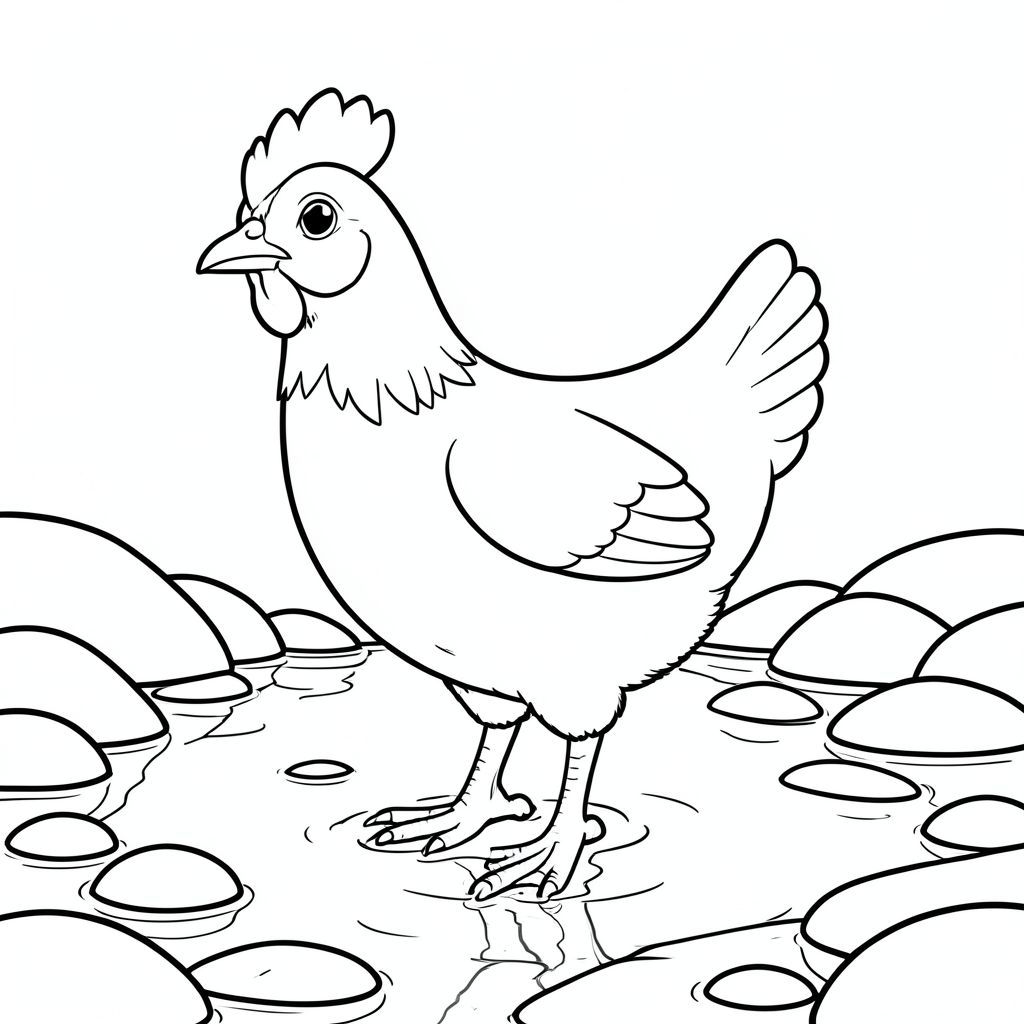 solo, một con chim, một đầu, hai mắt, một mỏ, hai cánh, hai chân, một đuôi, tỷ lệ tự nhiên, quy mô thích hợp trong môi trường, đúng giải phẫu, gà, suối, đá, nước, mịn, tròn, đá cuội, ánh sáng mặt trời, sự phản chiếu, trong sáng, yên tĩnh, tô màu, nghệ thuật đường, nền trắng, solo, chủ đề đơn, đúng giải phẫu, giải phẫu hoàn hảo