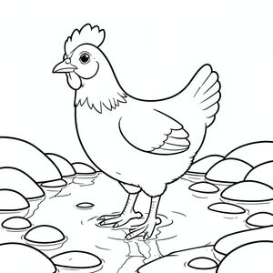 solo, một con chim, một đầu, hai mắt, một mỏ, hai cánh, hai chân, một đuôi, tỷ lệ tự nhiên, quy mô thích hợp trong môi trường, đúng giải phẫu, gà, suối, đá, nước, mịn, tròn, đá cuội, ánh sáng mặt trời, sự phản chiếu, trong sáng, yên tĩnh, tô màu, nghệ thuật đường, nền trắng, solo, chủ đề đơn, đúng giải phẫu, giải phẫu hoàn hảo