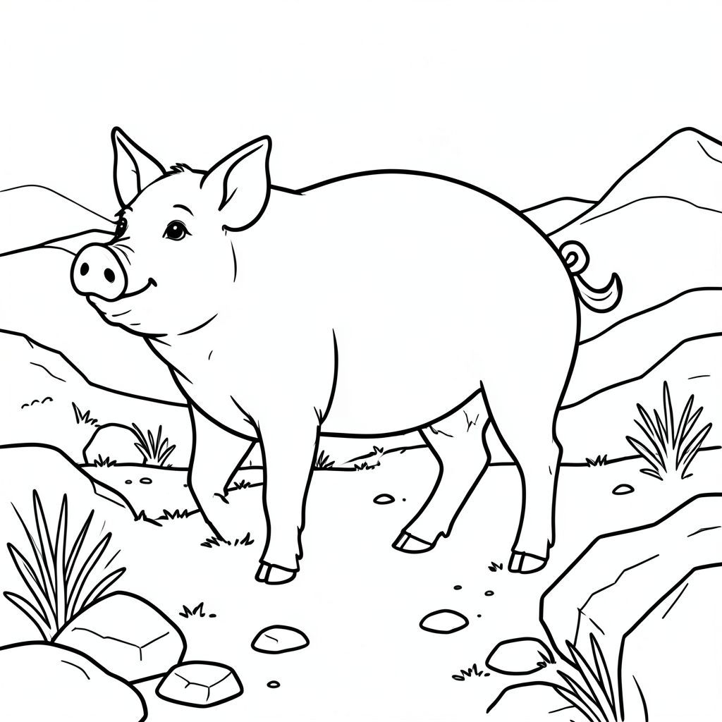 solo, chủ đề đơn, một đầu, hai mắt, hai tai, bốn chân, một đuôi, tỷ lệ tự nhiên, quy mô thích hợp trong môi trường, đúng giải phẫu, Con lợn, đá, sa mạc, đường mòn, đá, bàn chải khô, đơn giản, dọn dẹp, lý lịch, phong cảnh, đường chân trời, trang màu, nghệ thuật đường, nền trắng, solo, chủ đề đơn, đúng về mặt giải phẫu, giải phẫu hoàn hảo