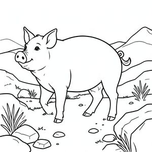solo, chủ đề đơn, một đầu, hai mắt, hai tai, bốn chân, một đuôi, tỷ lệ tự nhiên, quy mô thích hợp trong môi trường, đúng giải phẫu, Con lợn, đá, sa mạc, đường mòn, đá, bàn chải khô, đơn giản, dọn dẹp, lý lịch, phong cảnh, đường chân trời, trang màu, nghệ thuật đường, nền trắng, solo, chủ đề đơn, đúng về mặt giải phẫu, giải phẫu hoàn hảo