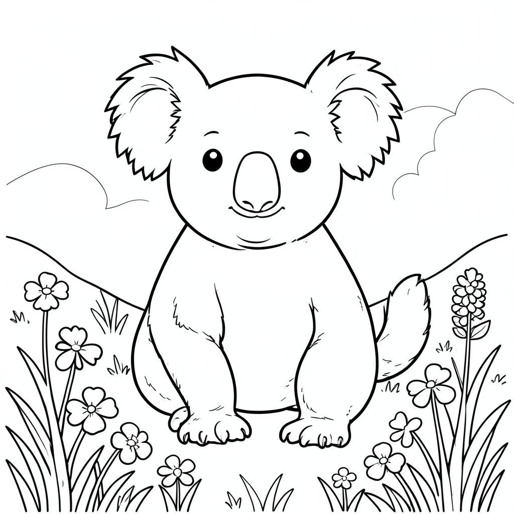 solo, chủ đề đơn, một đầu, hai mắt, hai tai, bốn chân, một đuôi, tỷ lệ tự nhiên, quy mô thích hợp trong môi trường, đúng giải phẫu, Koala, Đồng cỏ, hoa dại, cỏ ba lá, cỏ, ánh sáng mặt trời, gió nhẹ, bầu trời quang đãng, nền đơn giản, đường sạch, rửa màu nước, trang màu, nghệ thuật đường nét, nền trắng, solo, chủ đề đơn, đúng giải phẫu, giải phẫu hoàn hảo