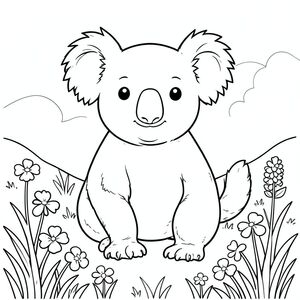 solo, chủ đề đơn, một đầu, hai mắt, hai tai, bốn chân, một đuôi, tỷ lệ tự nhiên, quy mô thích hợp trong môi trường, đúng giải phẫu, Koala, Đồng cỏ, hoa dại, cỏ ba lá, cỏ, ánh sáng mặt trời, gió nhẹ, bầu trời quang đãng, nền đơn giản, đường sạch, rửa màu nước, trang màu, nghệ thuật đường nét, nền trắng, solo, chủ đề đơn, đúng giải phẫu, giải phẫu hoàn hảo