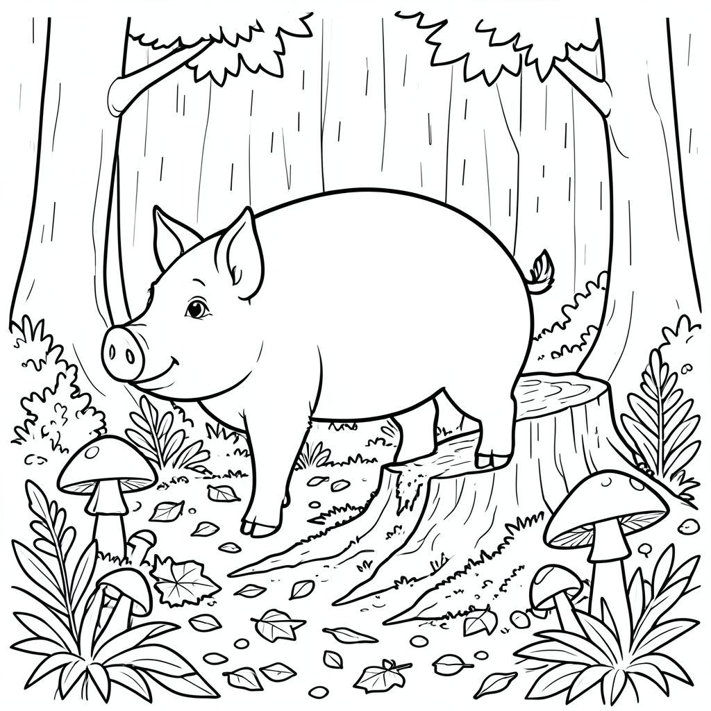 solo, chủ đề đơn, một đầu, hai mắt, hai tai, bốn chân, một đuôi, tỷ lệ tự nhiên, quy mô thích hợp trong môi trường, đúng giải phẫu, con lợn, nấm, rừng ẩm, gốc cây mục nát, rừng mùa thu, tán lá, mưa, rêu, rác lá, nền đơn giản, nghệ thuật tuyến tính, trang màu, nghệ thuật đường, nền trắng, solo, chủ đề đơn, đúng giải phẫu, giải phẫu hoàn hảo