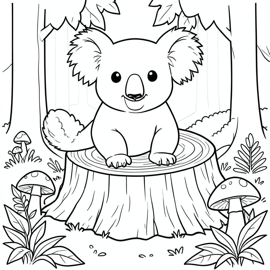solo, chủ đề đơn, một đầu, hai mắt, hai tai, bốn chân, một đuôi, tỷ lệ tự nhiên, quy mô thích hợp trong môi trường, đúng giải phẫu, Koala, Rừng cây, gốc cây rỗng, nấm, nền đơn giản, môi trường sạch sẽ, rừng, lá cây, ánh sáng mặt trời, nghệ thuật tuyến tính, trang màu, nghệ thuật đường, nền trắng, solo, chủ đề đơn, đúng về mặt giải phẫu, giải phẫu hoàn hảo